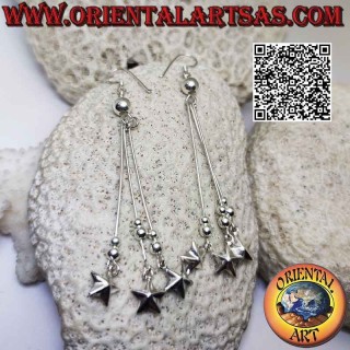 Pendientes de plata con trío de hilos, bolitas y estrellas colgantes
