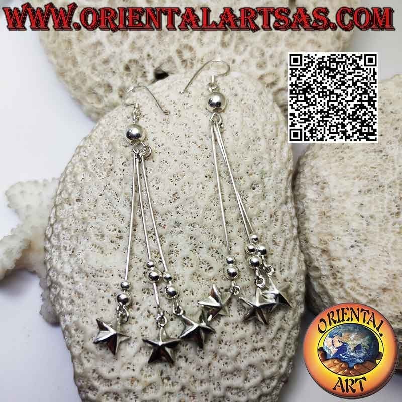 Silver leverback earrings with trio of threads, balls and hanging stars