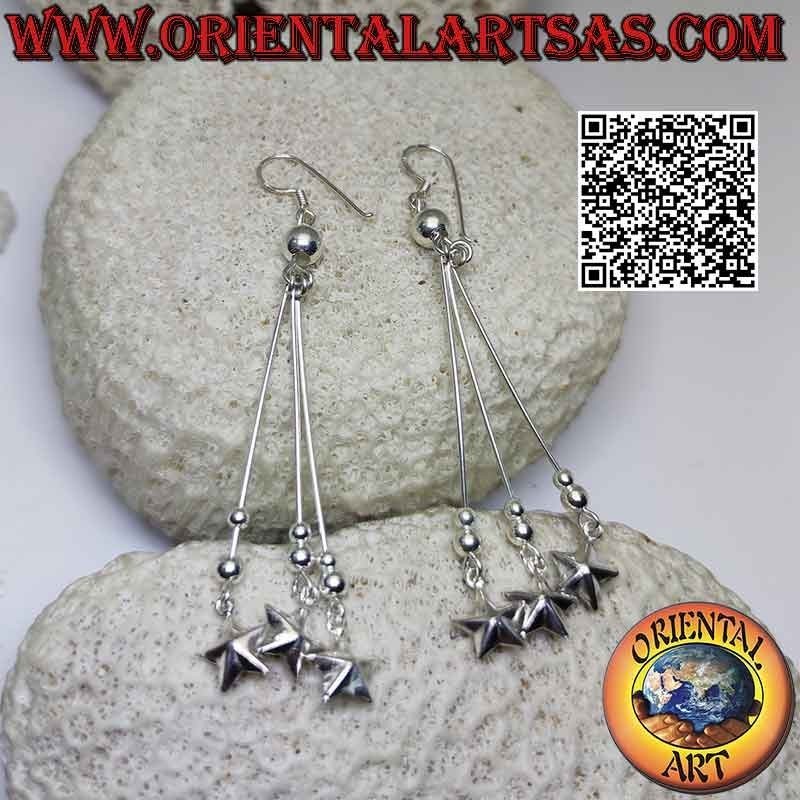 Boucles d'oreilles à levier en argent avec trio de fils, boules et étoiles suspendues
