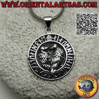 Pendentif en argent, "Huginn et Muninn" les corbeaux d'Odin dans le disque de runes