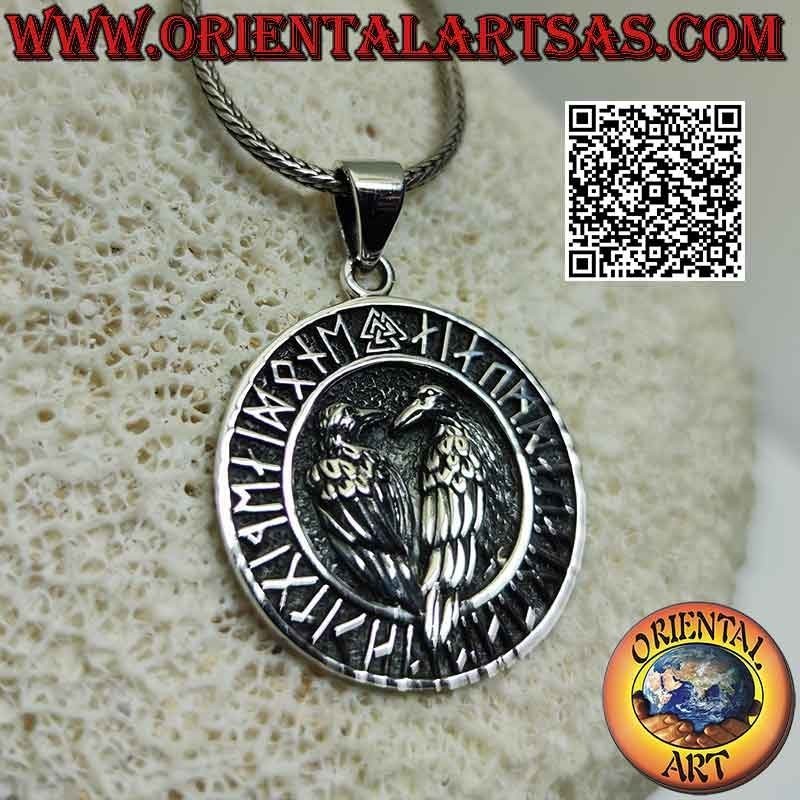 Silver pendant, "Huginn and Muninn" the ravens of Odin in the disc of runes