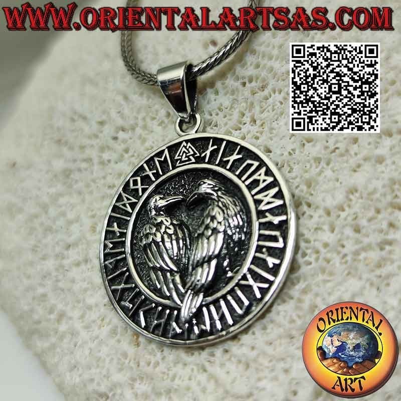 Silver pendant, "Huginn and Muninn" the ravens of Odin in the disc of runes