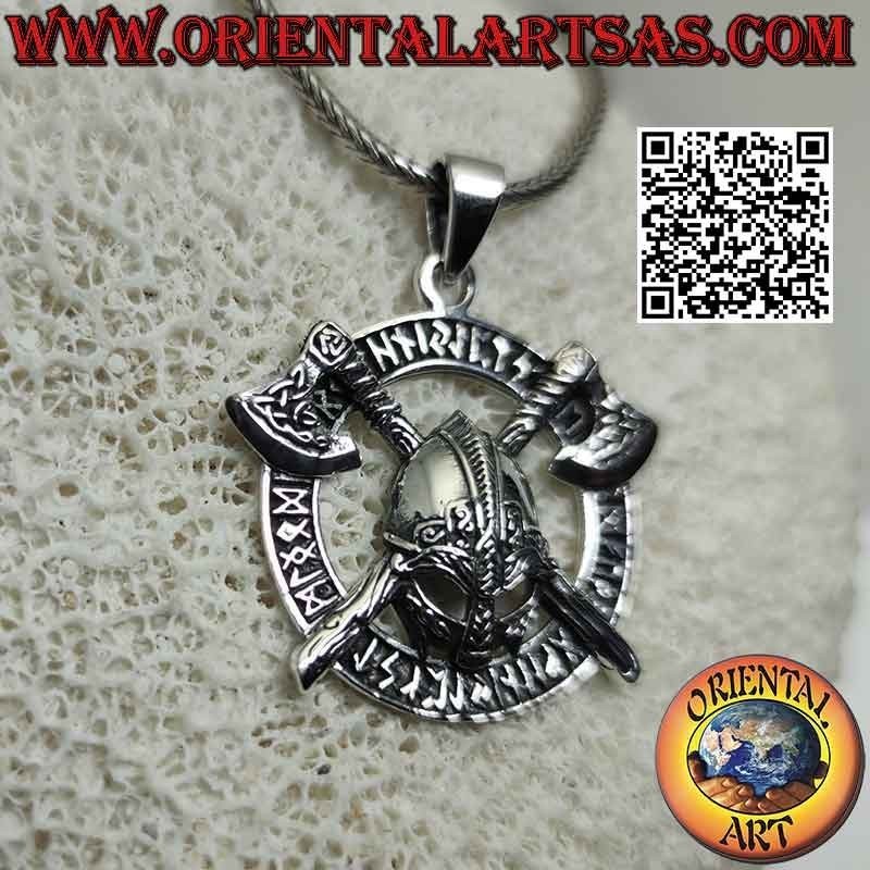 Silver pendant, Viking helmet between axes crossed in the disc of Celtic runes