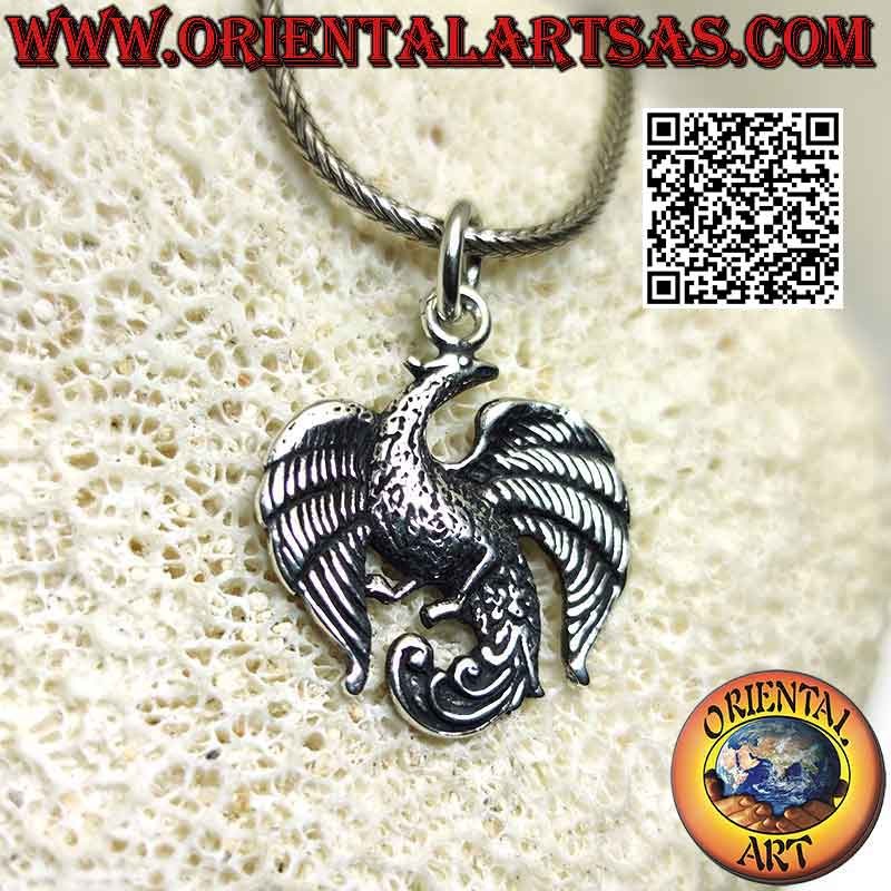 Handcrafted 925 sterling silver pendant depicting the Phoenix with spread wings, a universal symbol of regeneration.