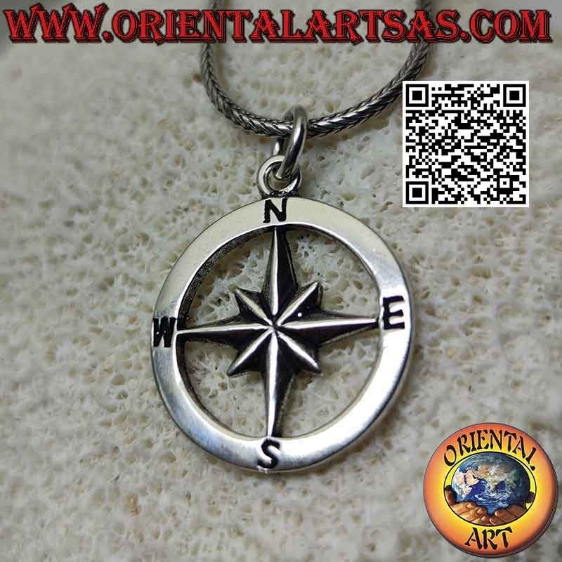 Simple wind rose (compass) pendant in silver