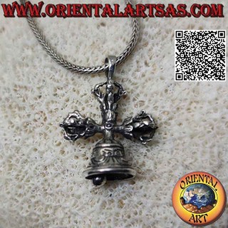 Ciondolo in argento, doppio Dorje o Vishvajra con campana tibetana (croce tibetana) tridimensionale