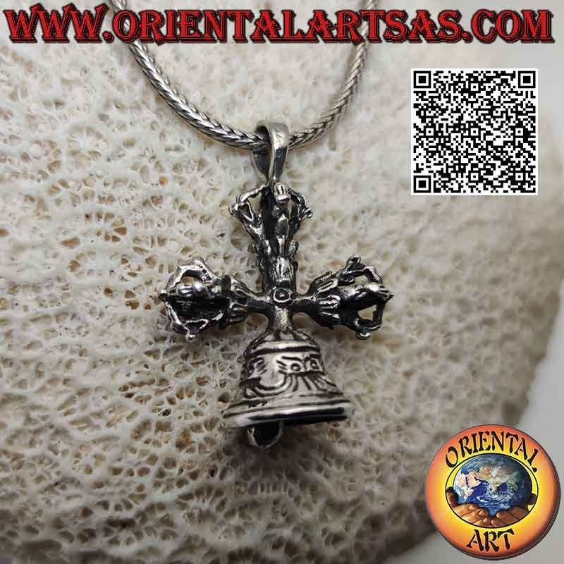 Ciondolo in argento, doppio Dorje o Vishvajra con campana tibetana (croce tibetana) tridimensionale