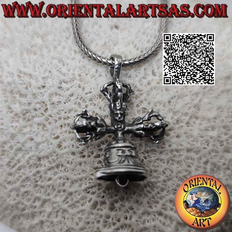 Ciondolo in argento, doppio Dorje o Vishvajra con campana tibetana (croce tibetana) tridimensionale