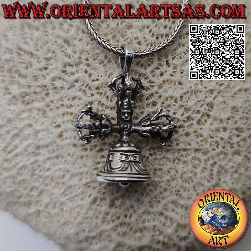 Colgante de plata, doble Dorje o Vishvajra con campana tibetana tridimensional (cruz tibetana)