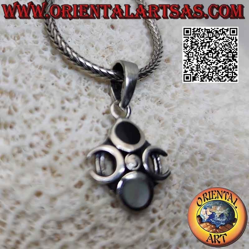 Silberanhänger, dreifache Göttin Mondsymbol (Wicca) mit gegenüberliegendem Onyx und Perlmutt (hell und dunkel)