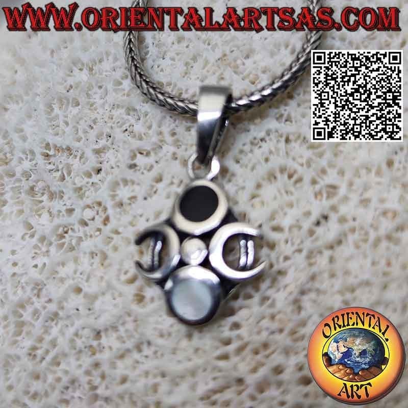Silver pendant, triple goddess moon symbol (wicca) with opposite onyx and mother of pearl (light and dark)
