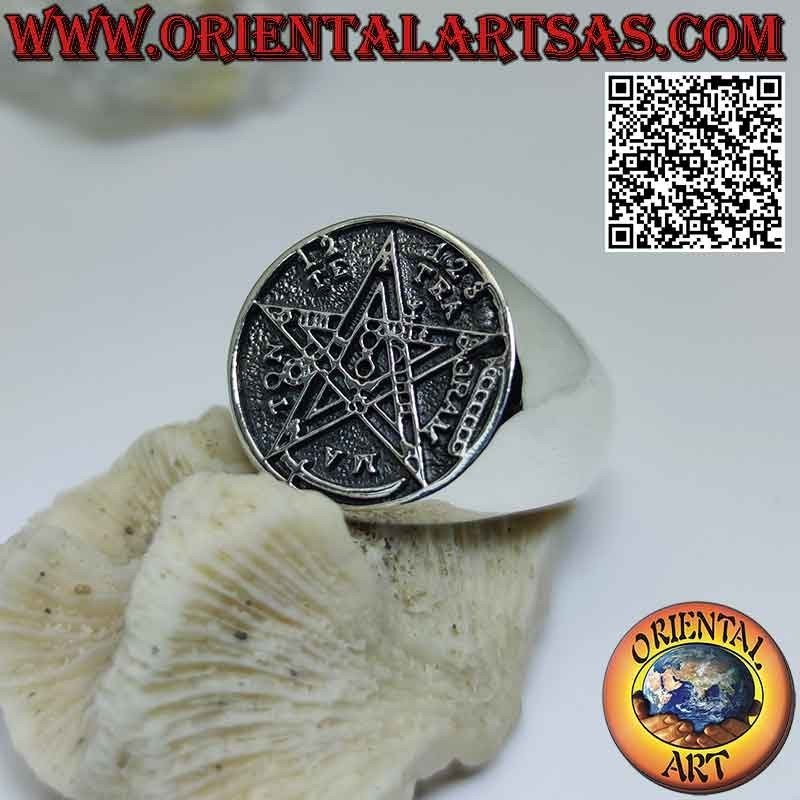 Anello in argento liscio con Tetragrammaton (Stella Microcosmica o Talismano con Pentagramma) a bassorilievo