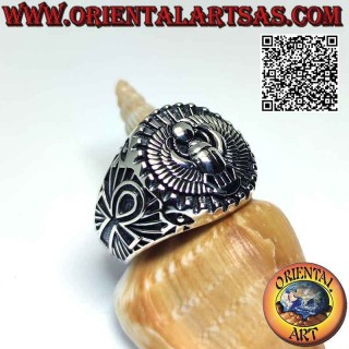 Silver ring with Egyptian dung scarab Khepri, symbol of the resurrection and ankh cross on the sides