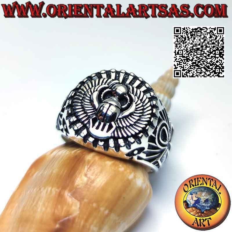 Silver ring with Egyptian dung scarab Khepri, symbol of the resurrection and ankh cross on the sides