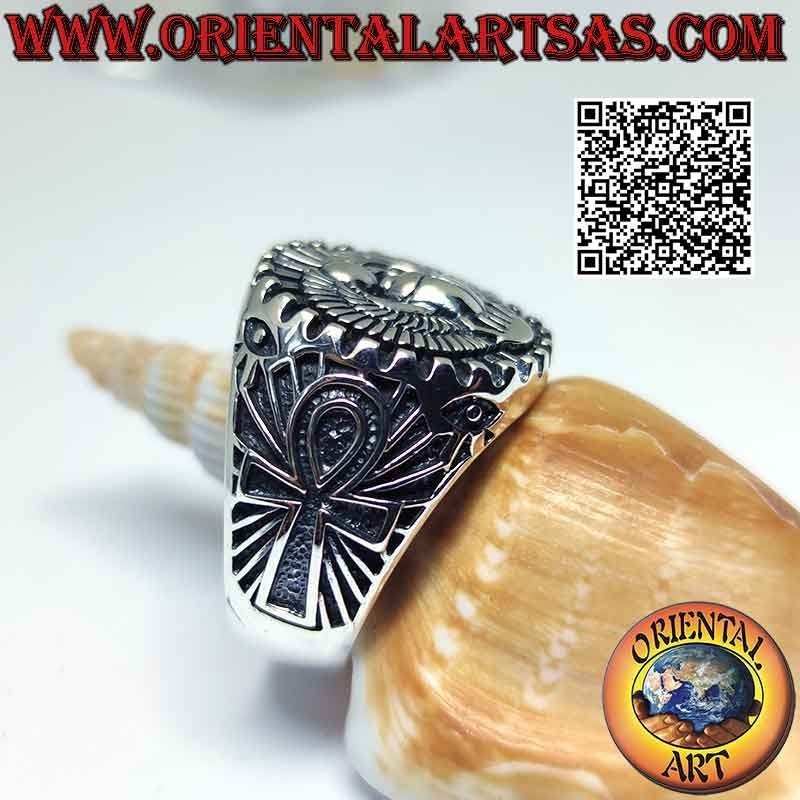 Bague en argent avec scarabée bouse égyptienne Khepri, symbole de la résurrection et croix ankh sur les côtés