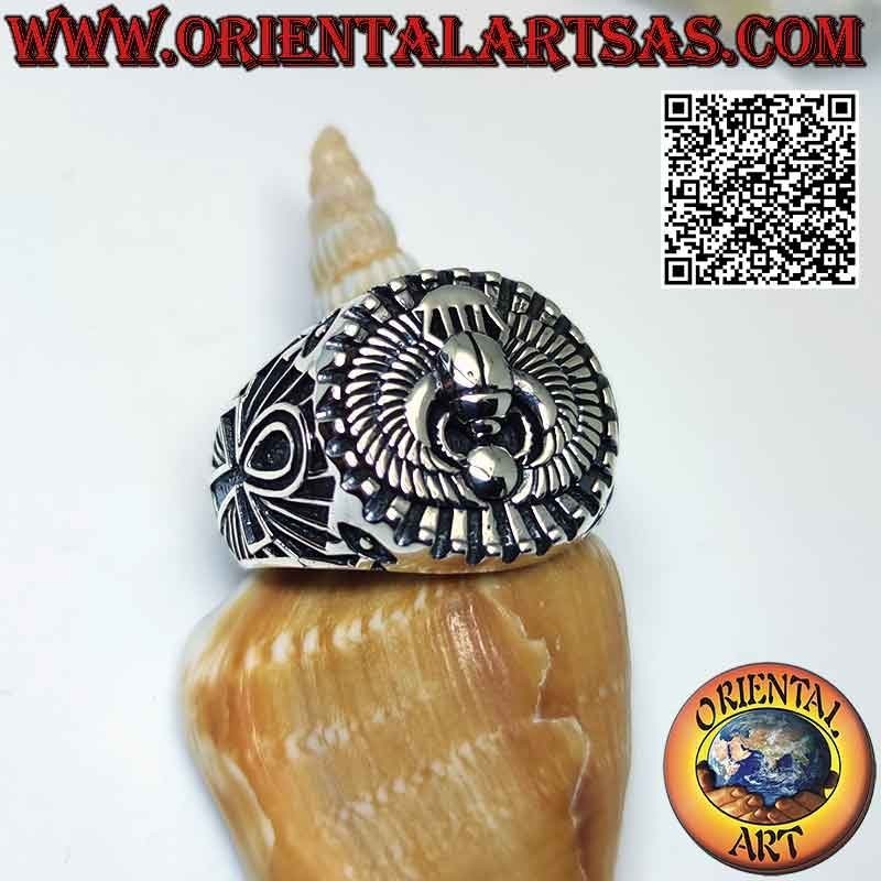 Silver ring with Egyptian dung scarab Khepri, symbol of the resurrection and ankh cross on the sides