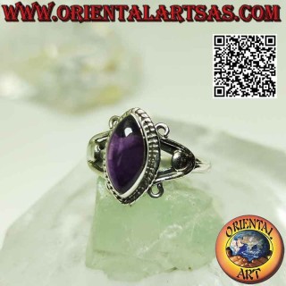Silver ring with shuttle cabochon amethyst on U-hook setting