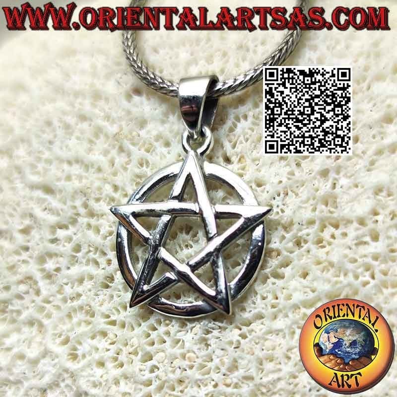 Colgante de plata, pentáculo (símbolo de protección) liso sobre un círculo