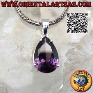 Pendentif en argent avec améthyste synthétique en forme de larme à facettes sur un double cadre lisse