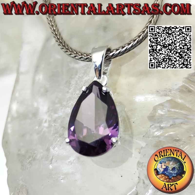 Silver pendant with faceted teardrop synthetic amethyst set on a smooth double frame