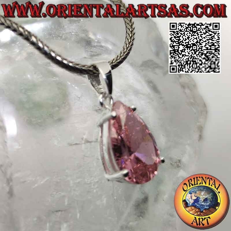 Colgante de plata con circonitas cúbicas rosas facetadas en forma de lágrima de Francia engastadas en doble montura lisa