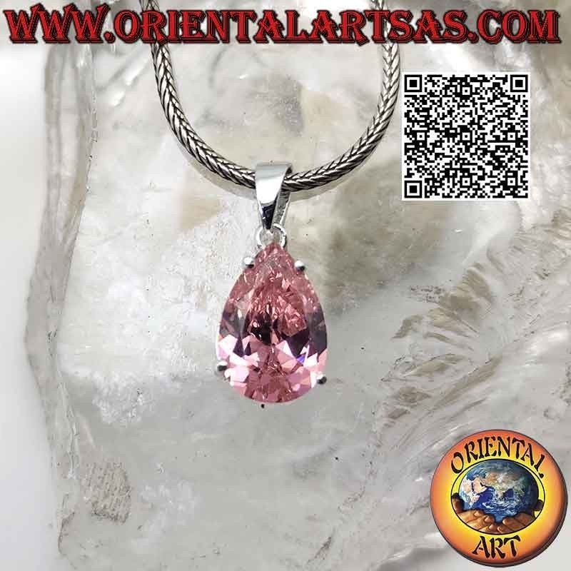Silberanhänger mit facettierten tropfenförmigen rosa Zirkonia aus Frankreich in einer glatten Doppelfassung