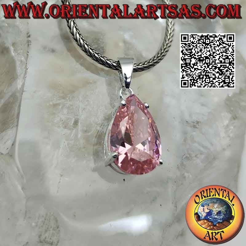 Pendentif en argent avec zircone cubique rose en forme de larme à facettes de France sertie dans un double sertissage lisse