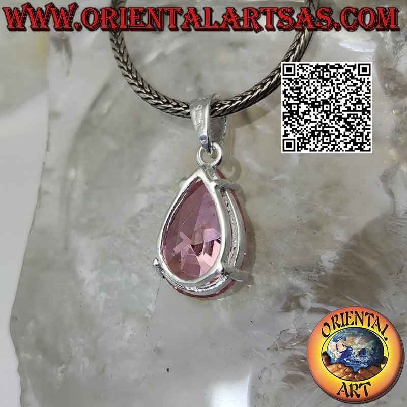 Colgante de plata con circonitas cúbicas rosas facetadas en forma de lágrima de Francia engastadas en doble montura lisa