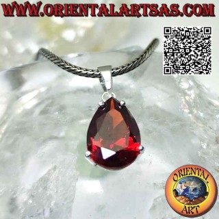 Silver pendant with faceted teardrop garnet set in a smooth double setting