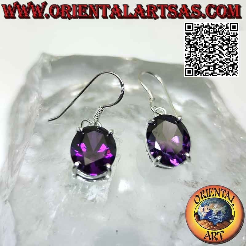 Silver earrings with oval faceted synthetic amethyst set on a smooth double frame