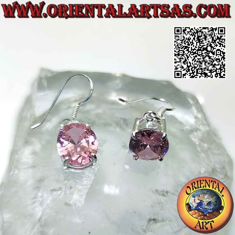 Pendientes de plata con circonita rosa francesa facetada ovalada engastada en doble engaste liso