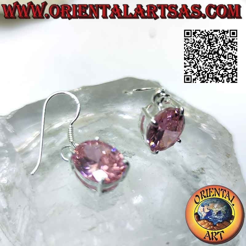 Silver earrings with oval faceted French pink zircon set in a double smooth setting