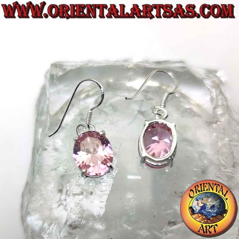 Silver earrings with oval faceted French pink zircon set in a double smooth setting