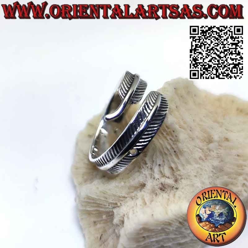 Adjustable long feather silver ring, symbol of purification
