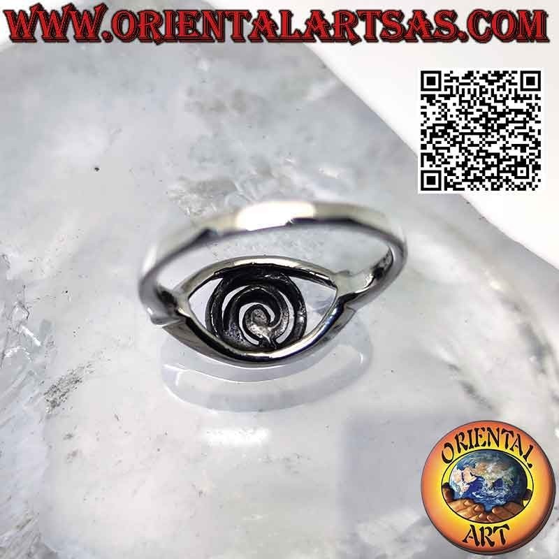 Bague en argent lisse en forme d'oeil avec une pupille en spirale