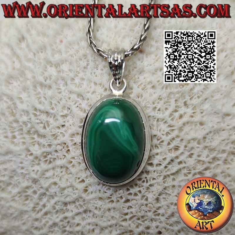 Ciondolo in argento con malachite ovale cabochon e bordo liscio