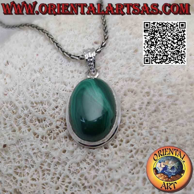 Silberanhänger mit ovalem Malachit-Cabochon und glattem Rand