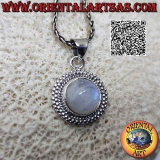 Silver pendant with round cabochon rainbow moonstone surrounded by a double row of alternating microspheres