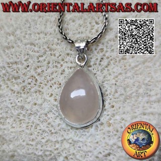 Silver pendant with cabochon drop rose quartz and smooth edge