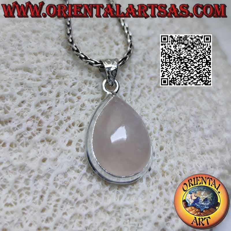 Pendentif en argent avec cabochon goutte quartz rose et bord lisse