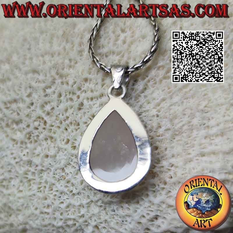 Silver pendant with cabochon drop rose quartz and smooth edge