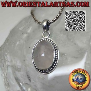 Silver pendant with cabochon oval rose quartz surrounded by a row of smooth microspheres
