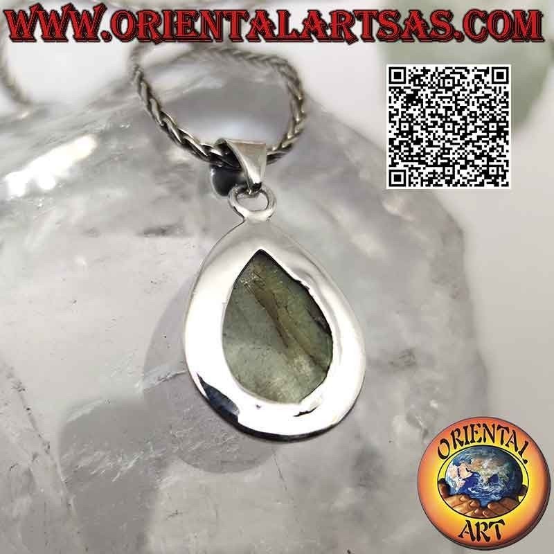 Silver pendant with cabochon drop labradorite on a smooth setting with a row of microspheres