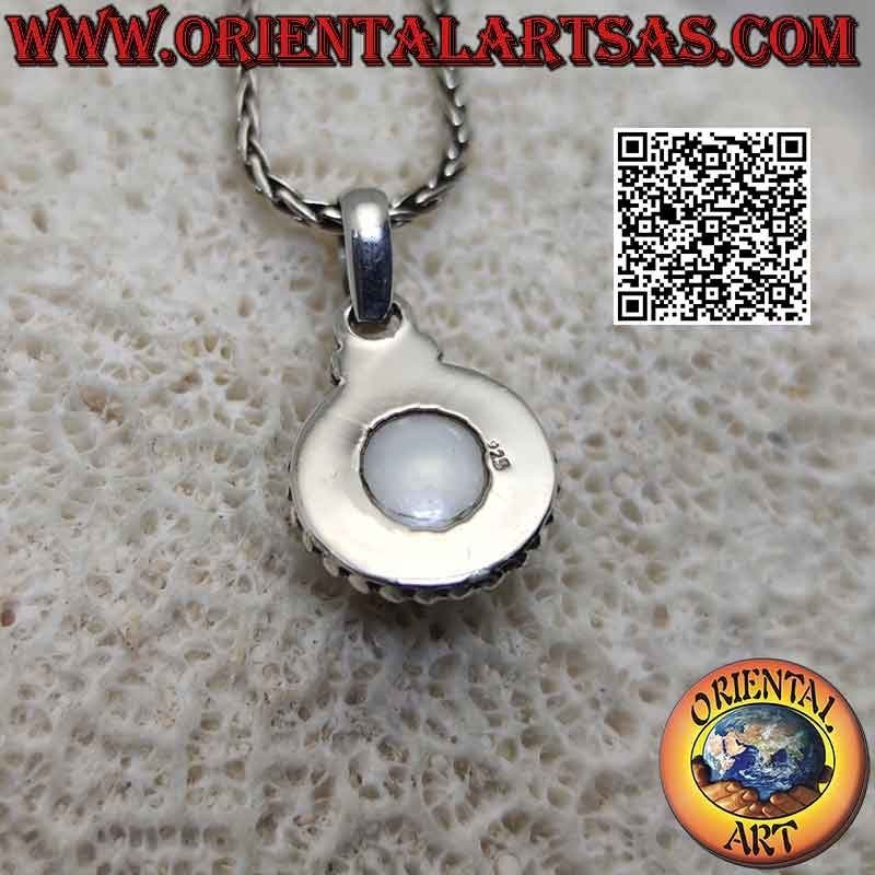 Silver pendant with white pearl surrounded by weaving and row of smooth microspheres