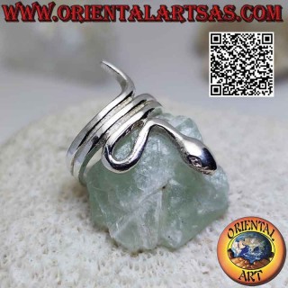 Silver ring in the shape of a smooth snake in sinuous movement (three turns)