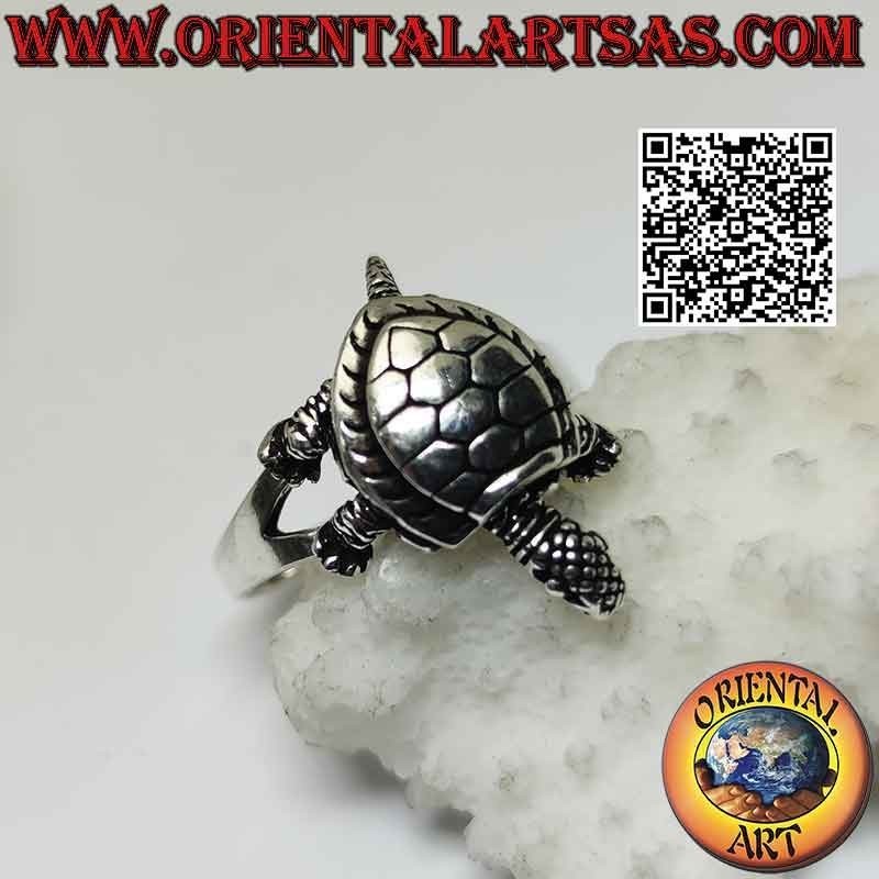 Anillo de plata con una tortuga terrestre móvil (en movimiento) o una tortuga de Hermann