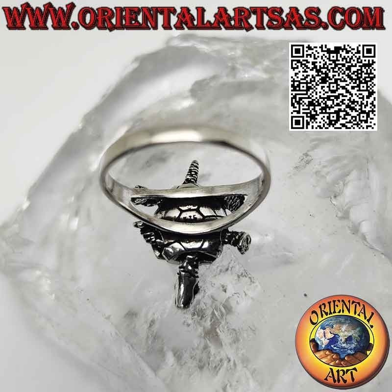 Silver ring with a mobile (moving) land turtle or Hermann's tortoise