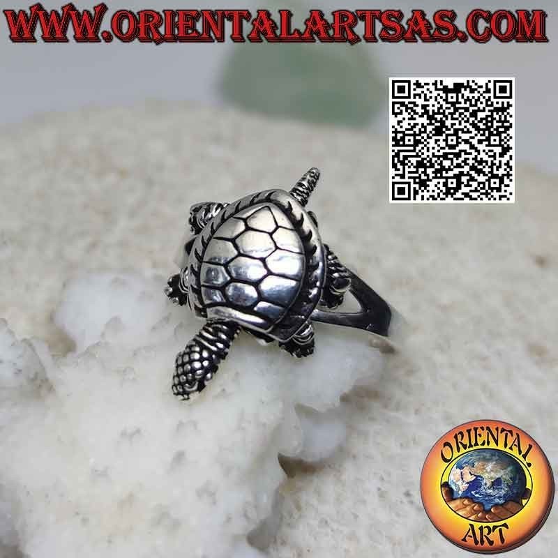 Anillo de plata con una tortuga terrestre móvil (en movimiento) o una tortuga de Hermann
