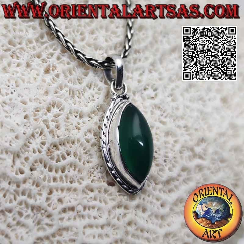 Silver pendant with cabochon shuttle green agate on a simple interlacing setting