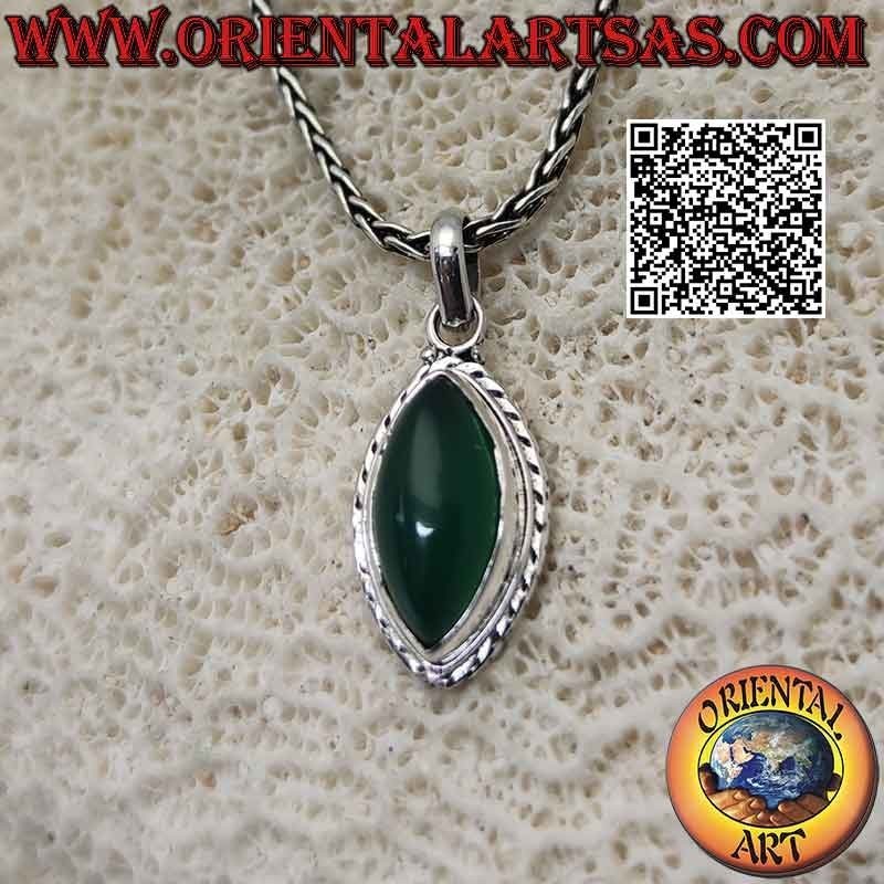 Silver pendant with cabochon shuttle green agate on a simple interlacing setting